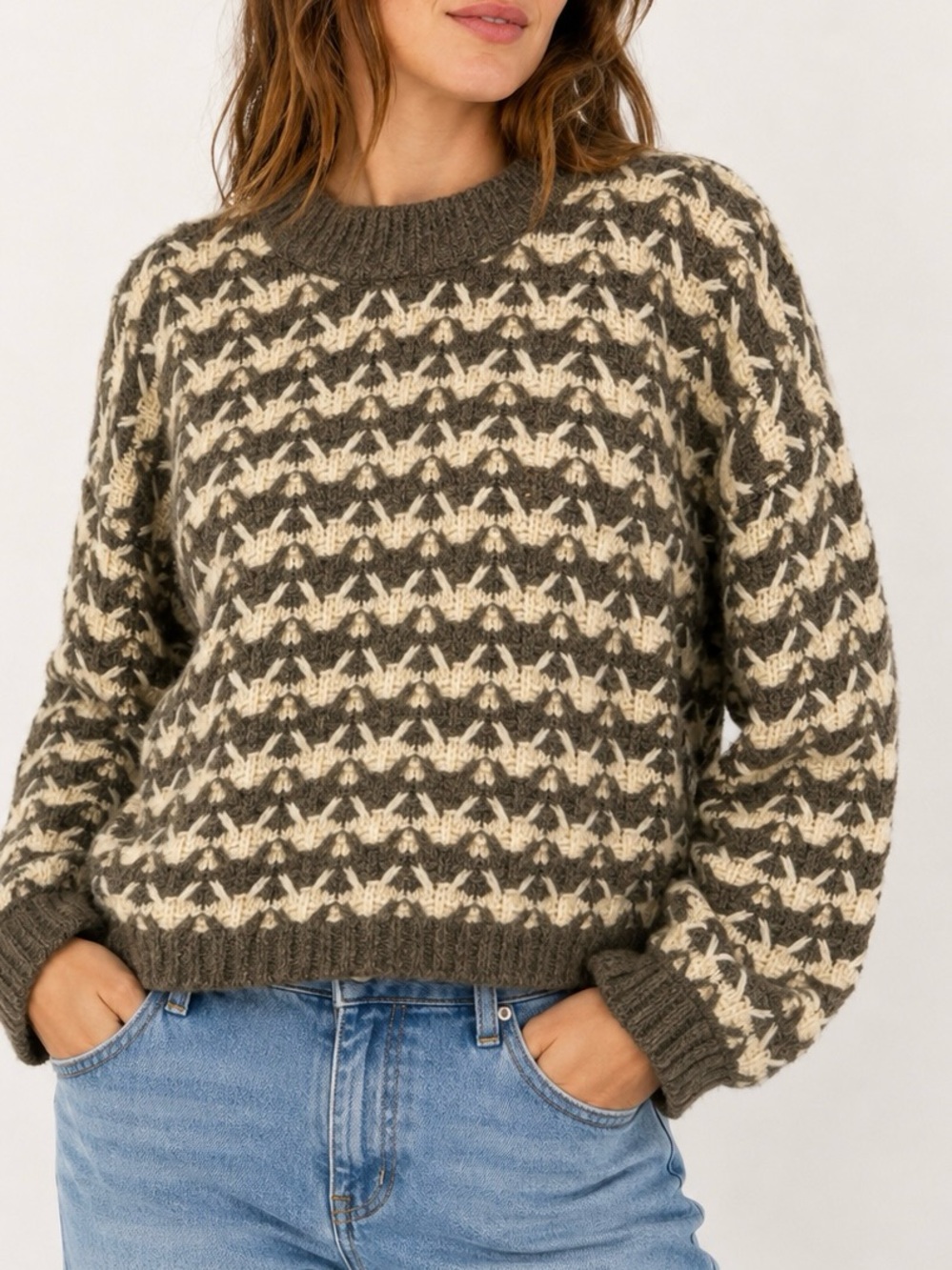 Madewell Aldridge Crop Pullover Sweater M Heather Otter Boho Cottagecore Chunky